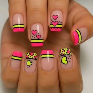 🐢2/$15 Neon with Heart Design Press On Nails